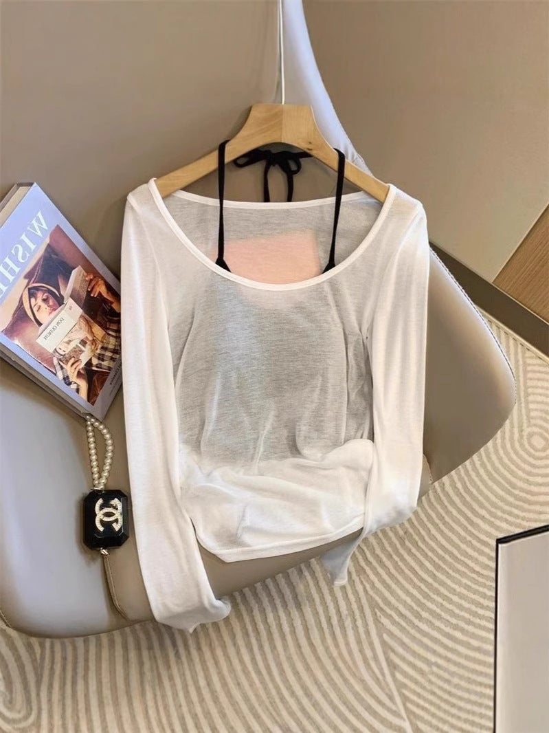 [Ready Stock In Our Own Factory] Hollow Pleated Women'S Sun Protection Knitted Blouse Long-Sleeved Suspender Thin Vest Two-Piece Set - Image 3